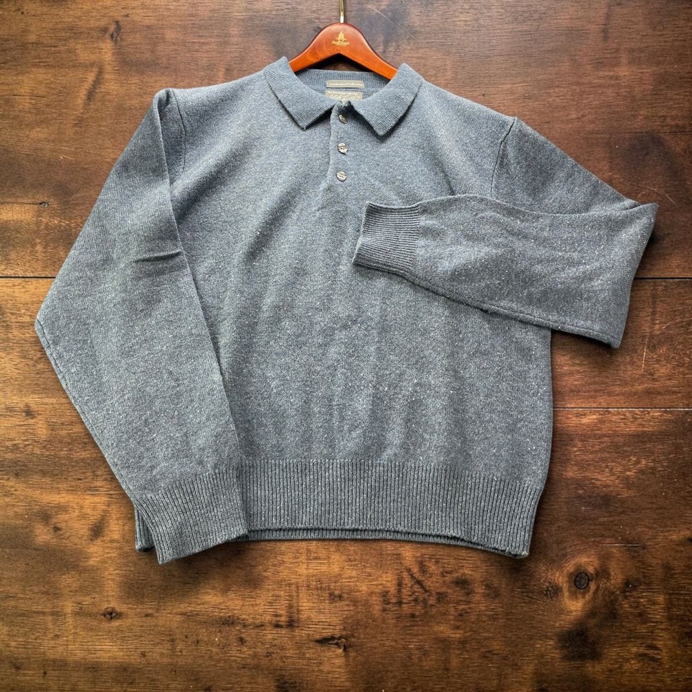 Lord & Taylor Kensington 100% Lambswool Polo Collar Sweater Mens L Blue Heather